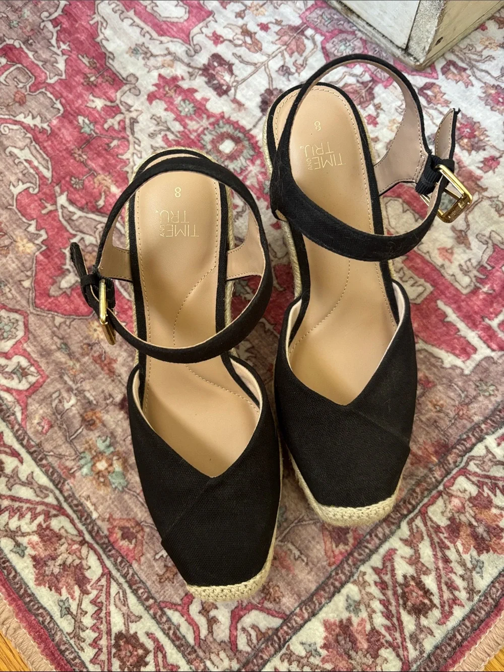Time and Tru Black Espadrille Wedge Sandals with Gold Buckle